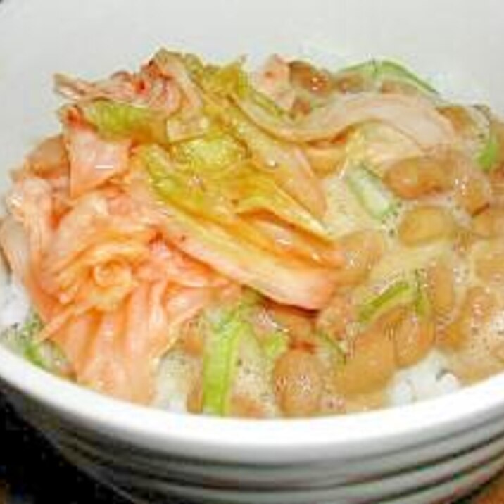 めんつゆでヘルシーﾈｷﾞと納豆キムチ丼☆